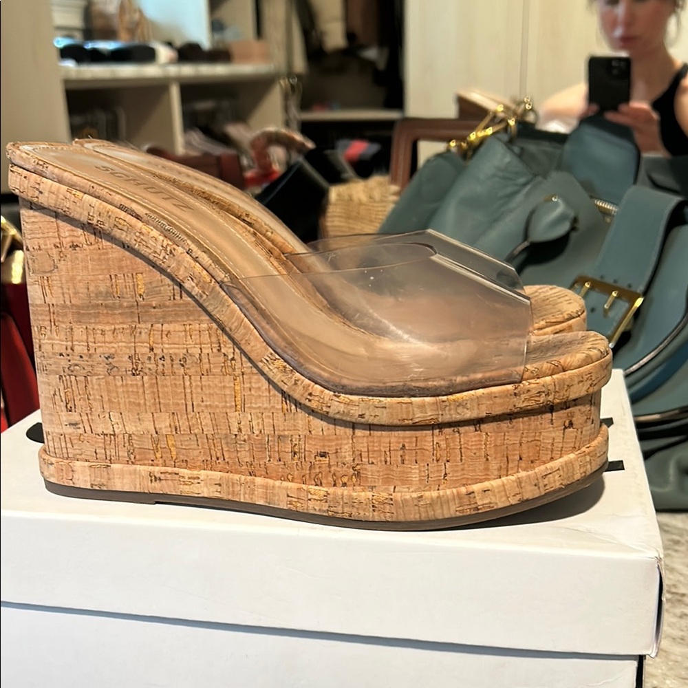 Schutz Clear Cork Wedge Sandals